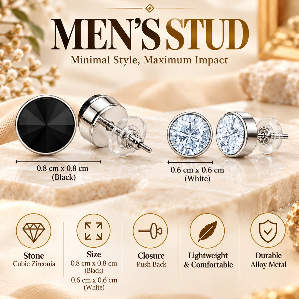 Classic Black and White CZ Round Single Studs Earring Combo for Men