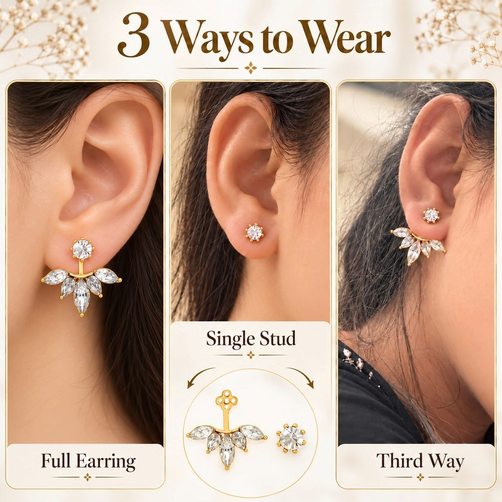 3 in 1 Convertible Crystal Leaf Ear Jacket Earrings
