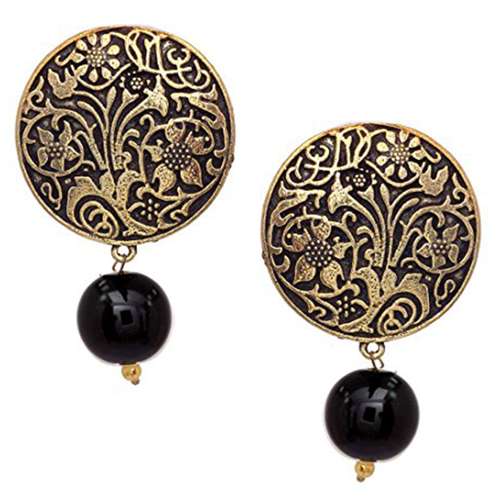 Handmade Art Work Coin Style Stud With Black Beads