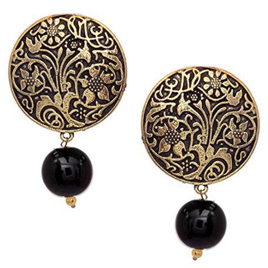 Handmade Art Work Coin Style Stud With Black Beads