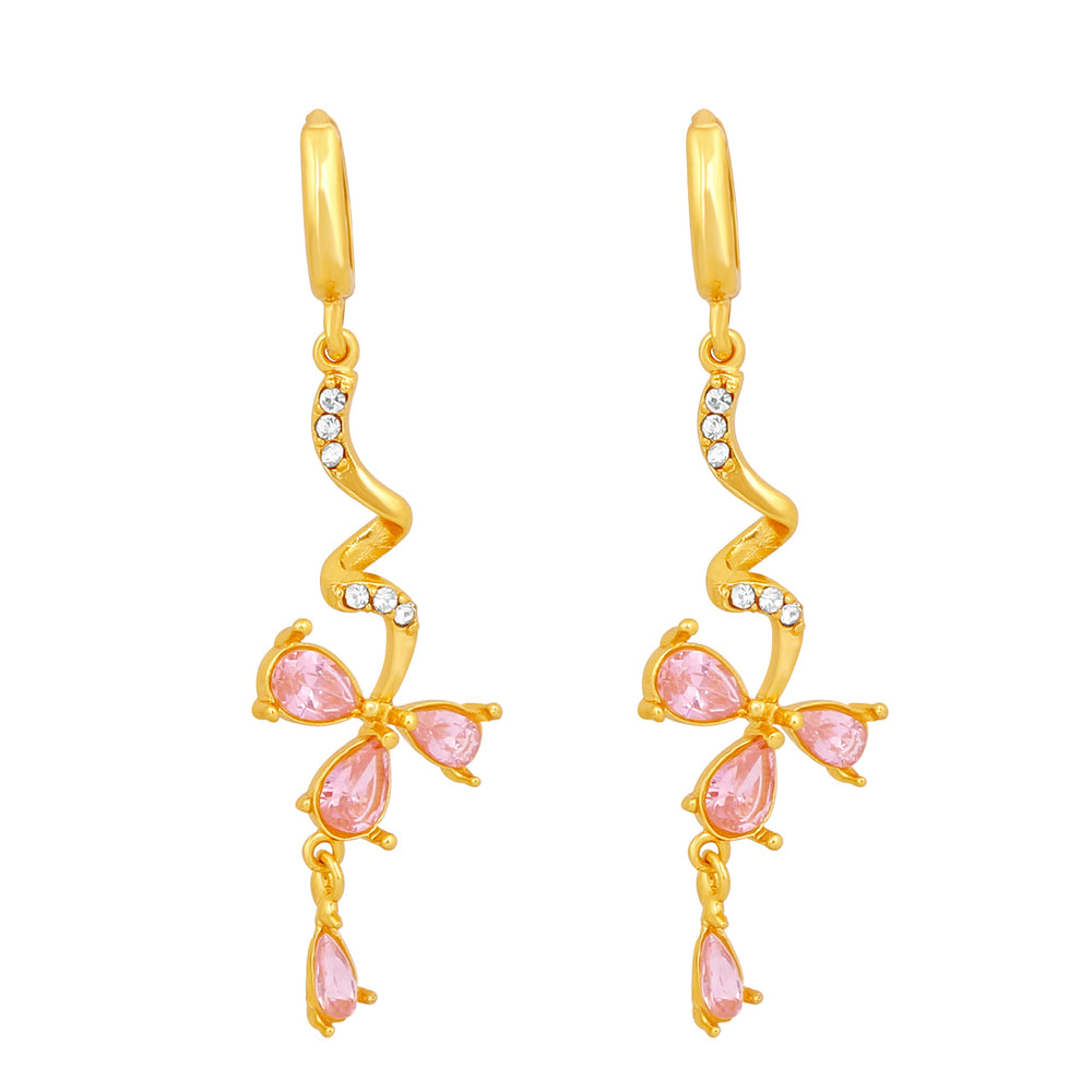 Pink Floral Love Beautiful Cubic Zirconia Long Dangler Earrings