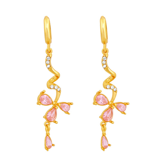 Pink Floral Love Beautiful Cubic Zirconia Long Dangler Earrings