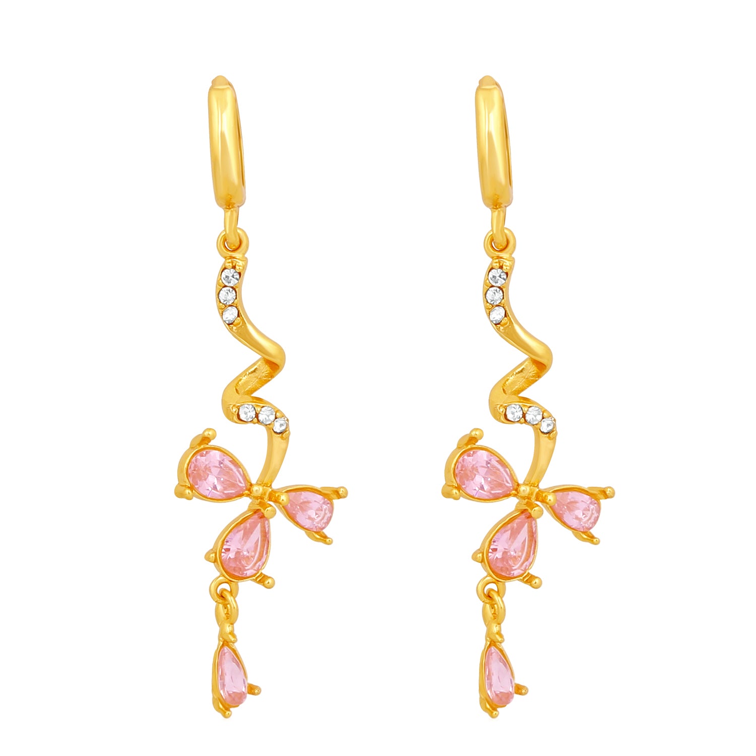 Pink Floral Love Beautiful Cubic Zirconia Long Dangler Earrings