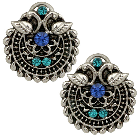 Silver Oxidized Traditional Green and Blue Crystal Stud Earrings
