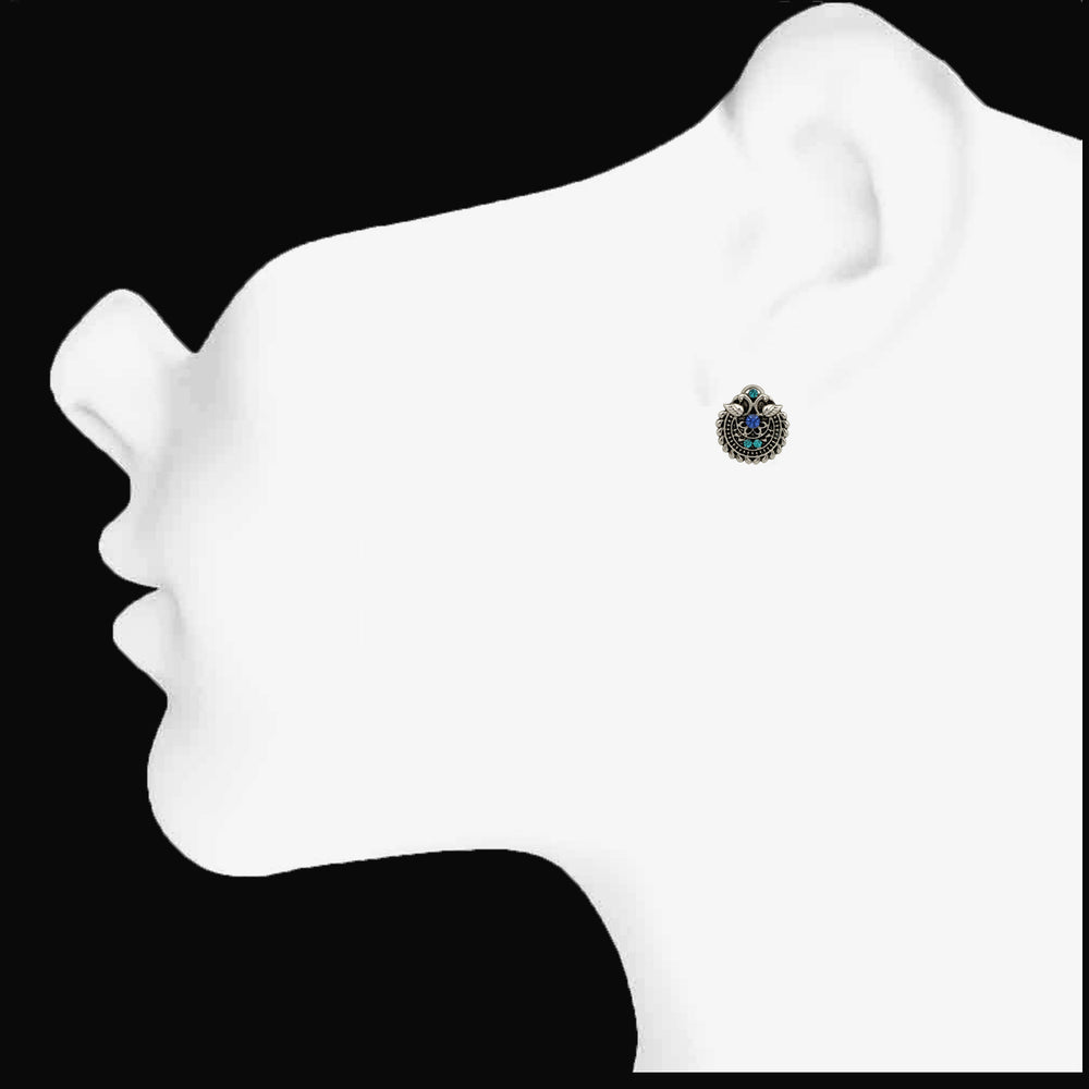 Silver Oxidized Traditional Green and Blue Crystal Stud Earrings