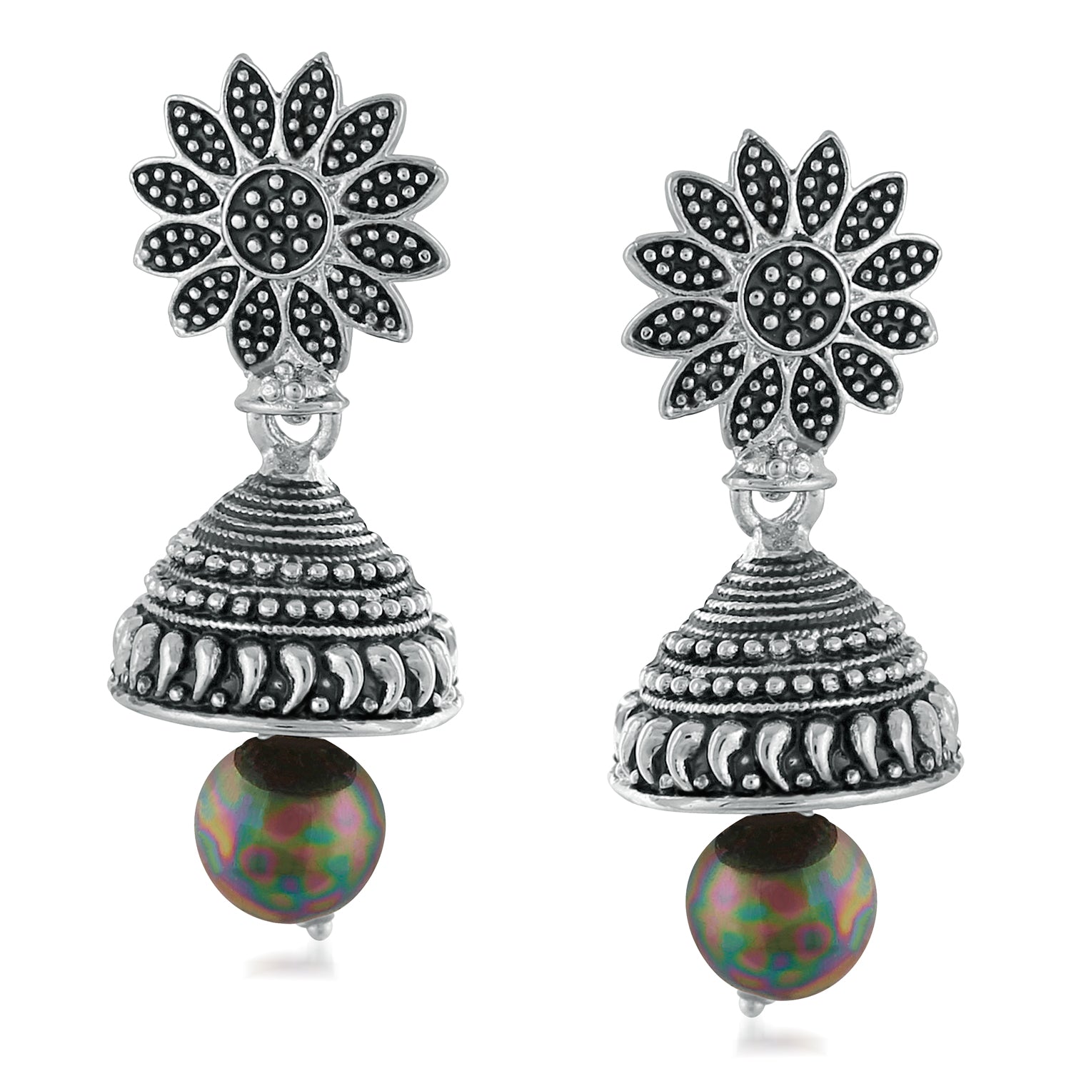 Meenakari Work Black Artificial Bead Floral Jhumka Drop Earrings