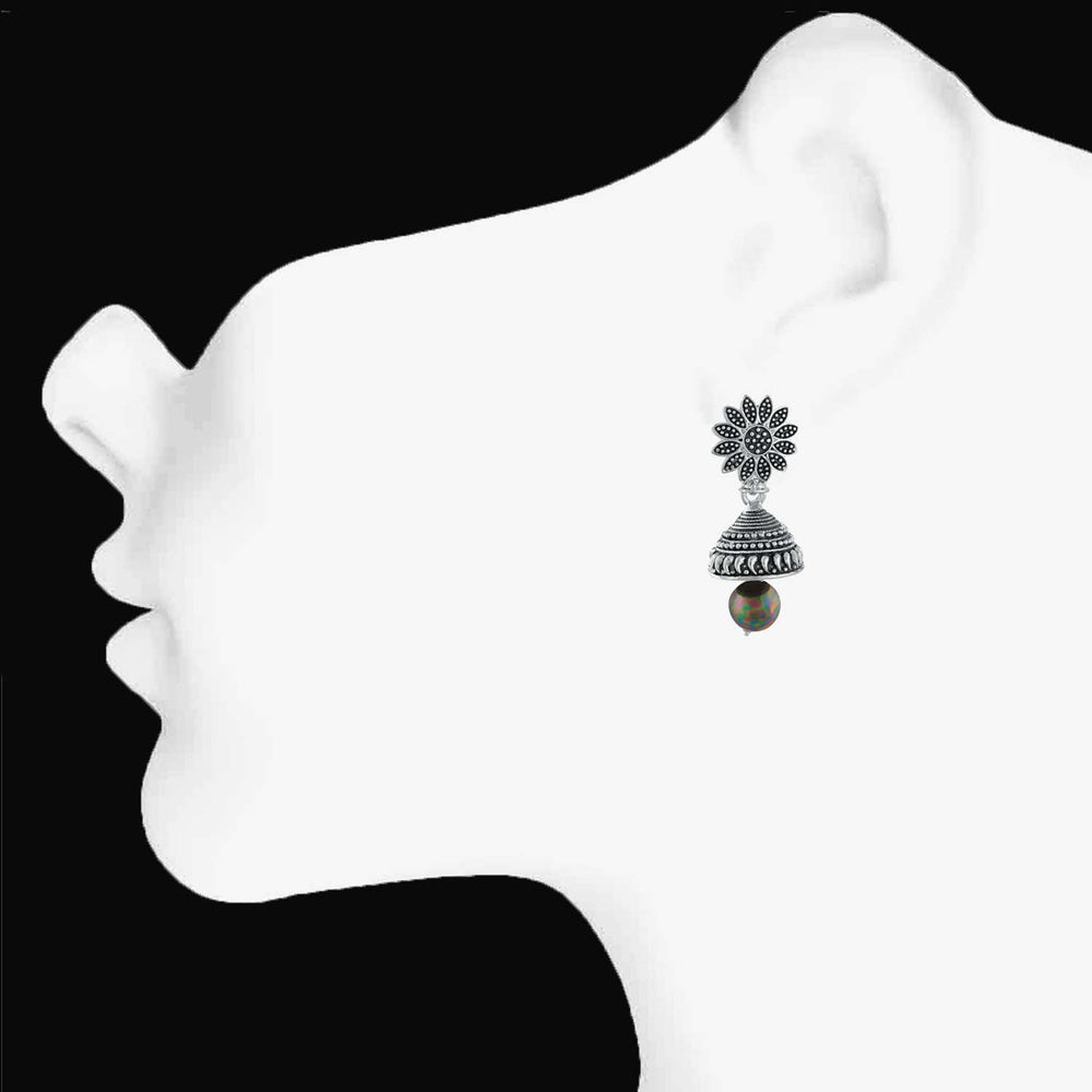 Meenakari Work Black Artificial Bead Floral Jhumka Drop Earrings