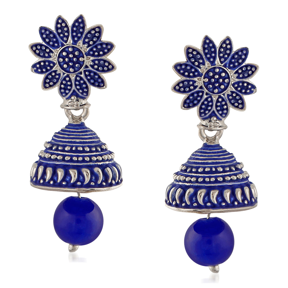 Meenakari Work Black Artificial Bead Floral Jhumka Drop Earrings