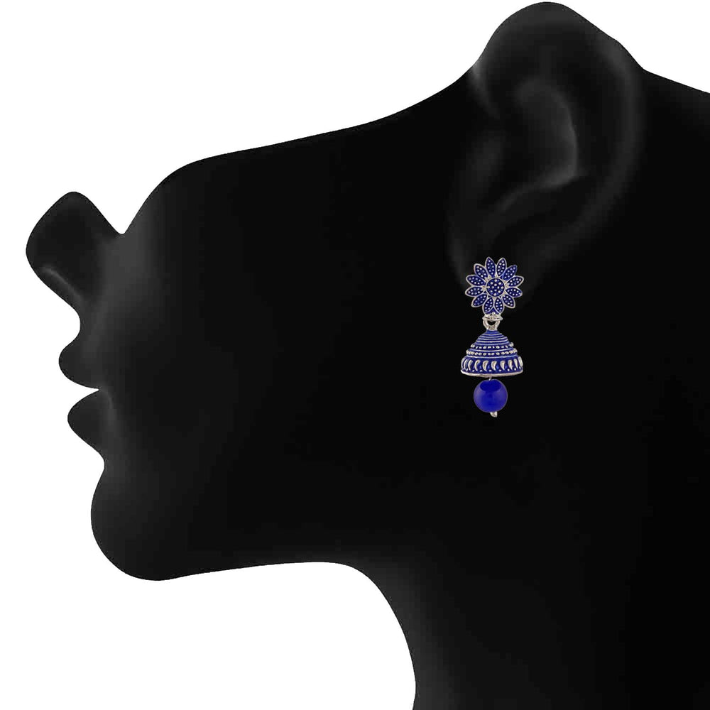 Meenakari Work Black Artificial Bead Floral Jhumka Drop Earrings