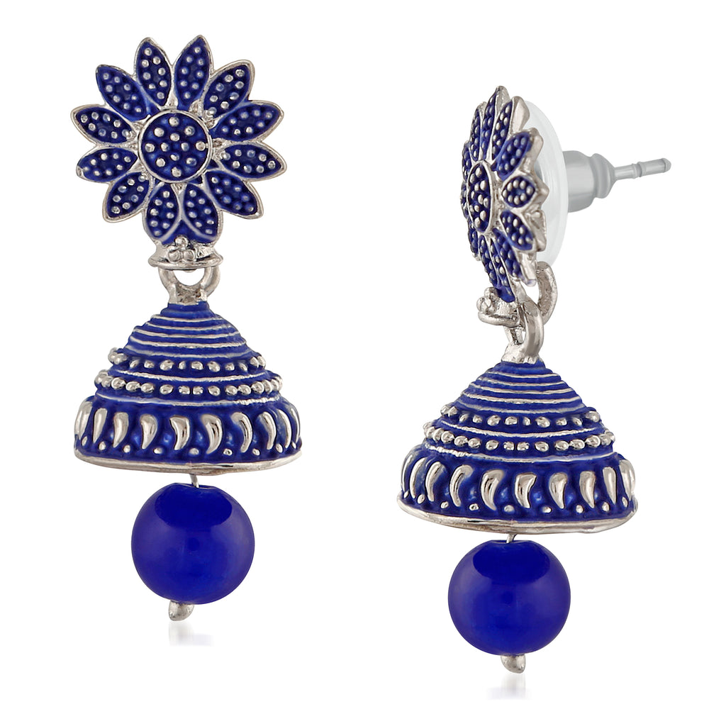Meenakari Work Black Artificial Bead Floral Jhumka Drop Earrings