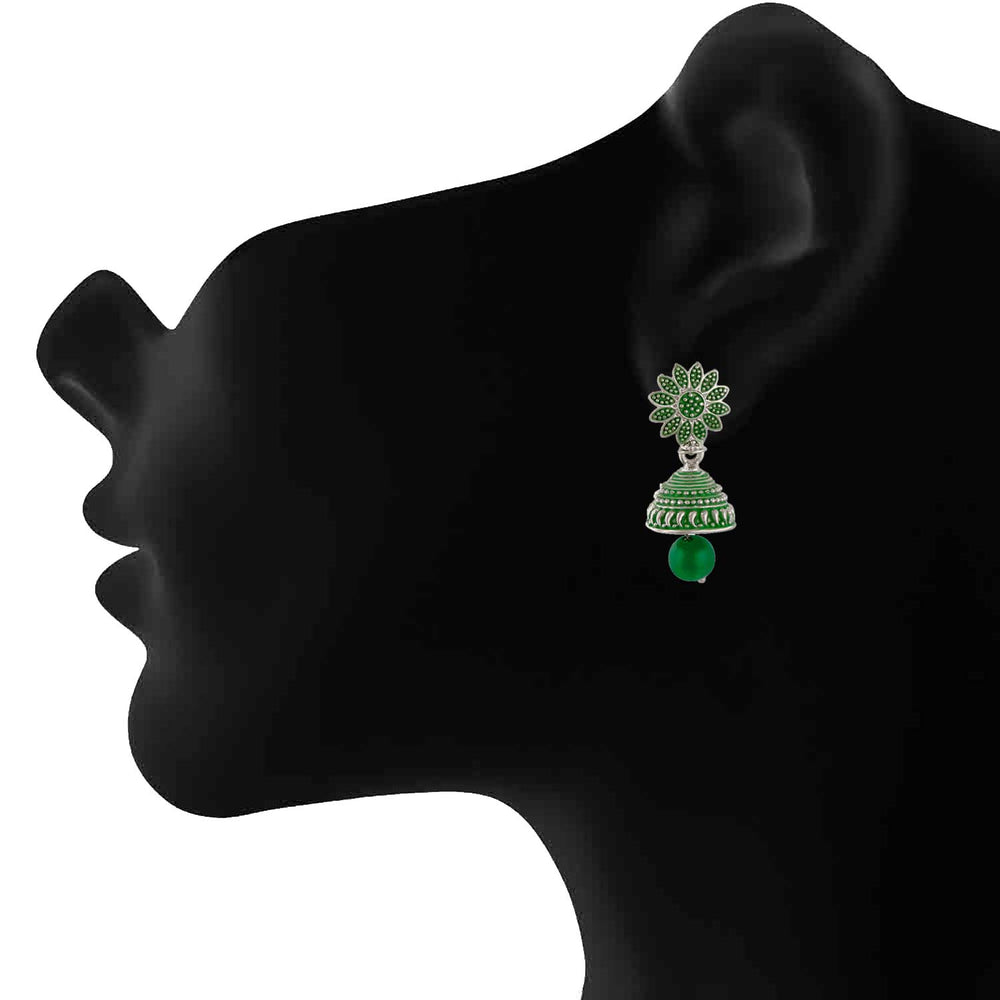 Meenakari Work Black Artificial Bead Floral Jhumka Drop Earrings