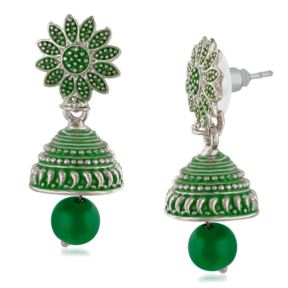 Meenakari Work Black Artificial Bead Floral Jhumka Drop Earrings