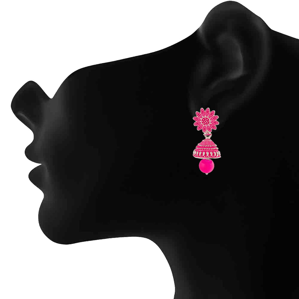 Meenakari Work Black Artificial Bead Floral Jhumka Drop Earrings