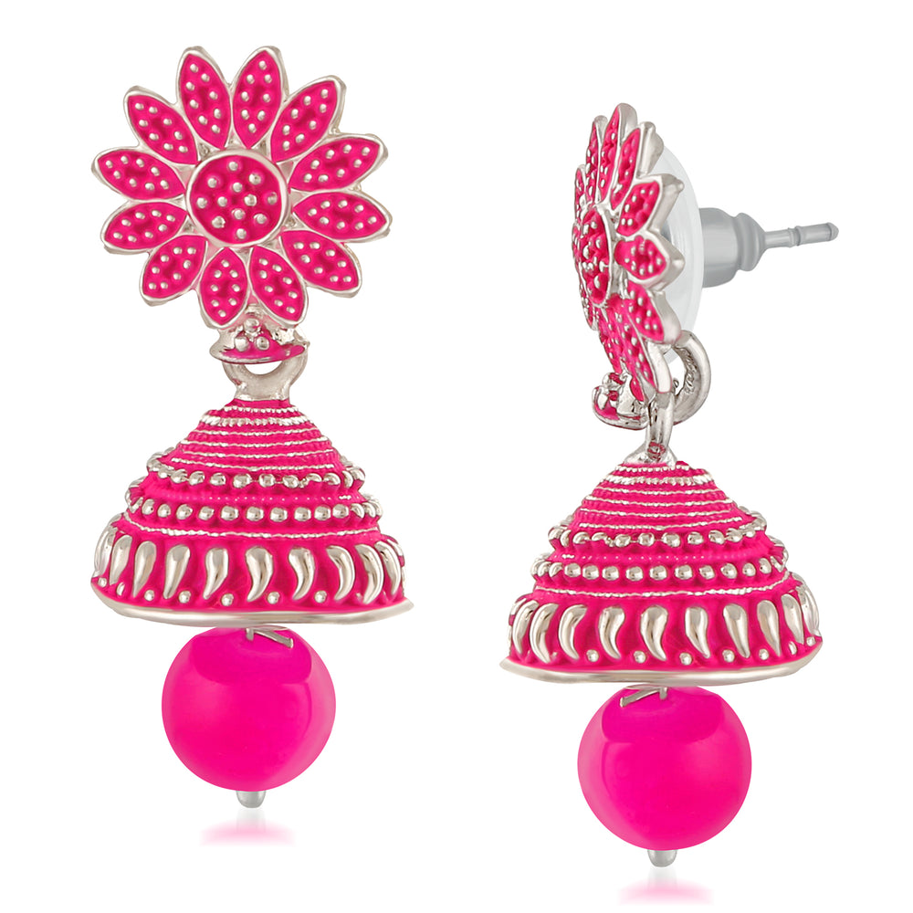 Meenakari Work Black Artificial Bead Floral Jhumka Drop Earrings