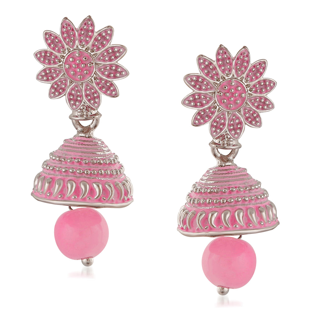 Meenakari Work Black Artificial Bead Floral Jhumka Drop Earrings