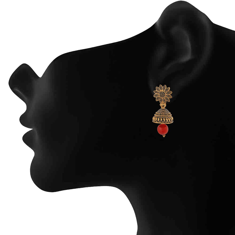 Meenakari Work Black Artificial Bead Floral Jhumka Drop Earrings
