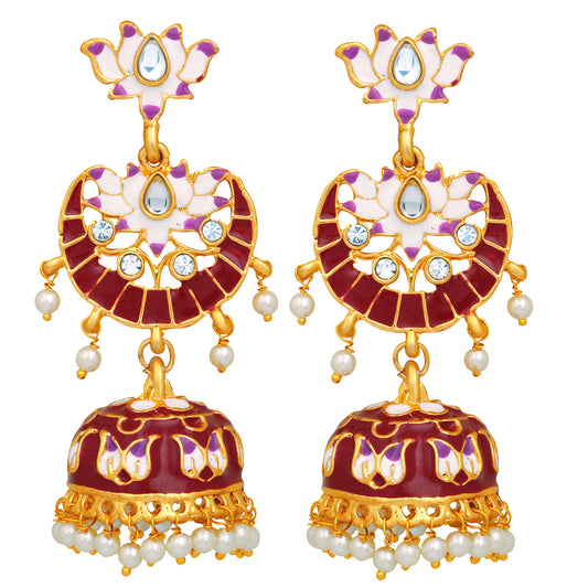 Meenakari Work Enamelled Lotus Shaped Dangle Jhumka Earrings