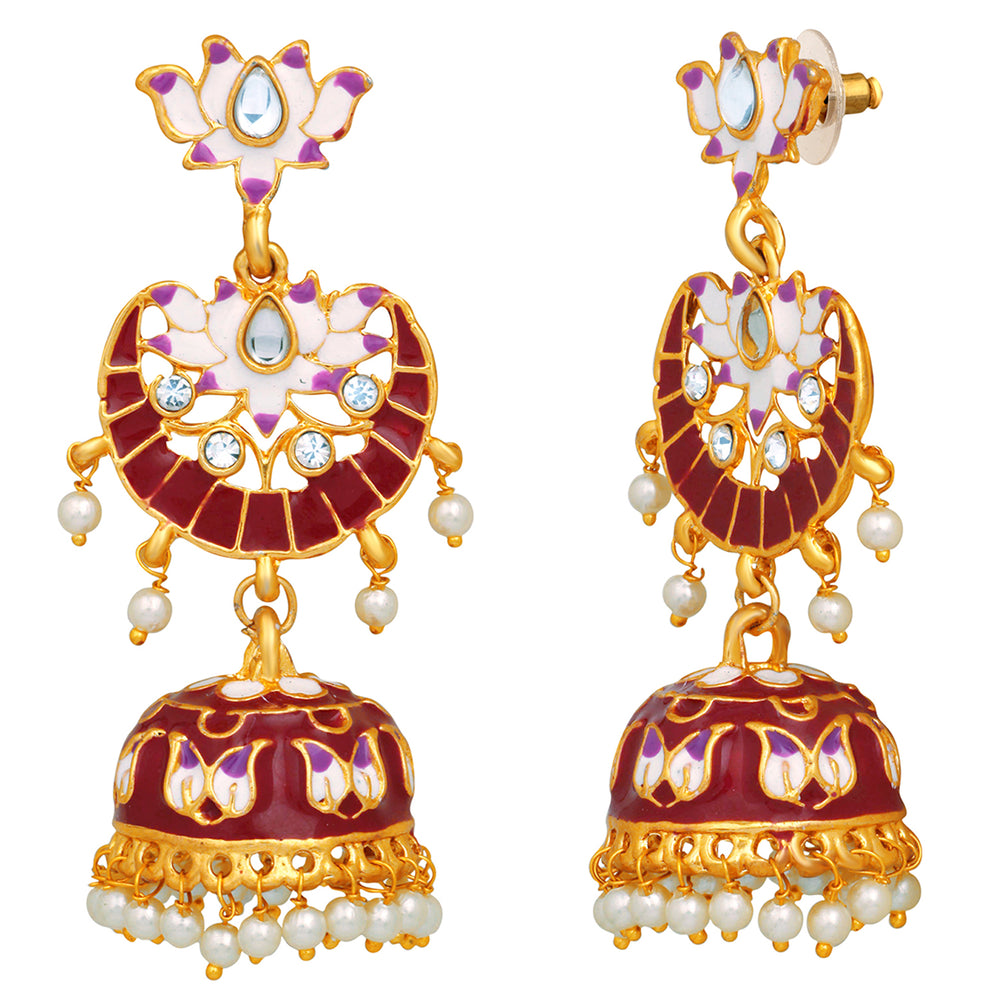 Meenakari Work Enamelled Lotus Shaped Dangle Jhumka Earrings