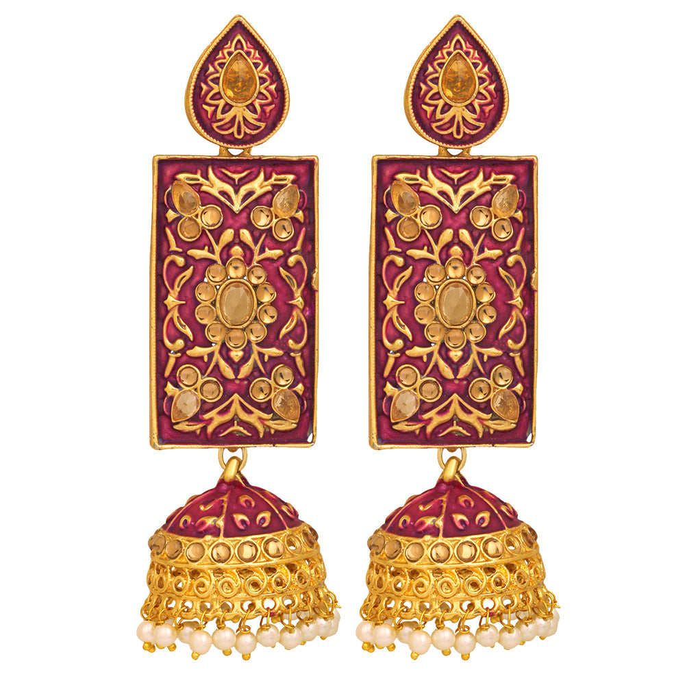 Meenakari Work Enamelled Rectangular Dangle Jhumka Earrings