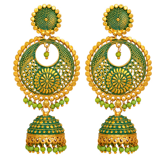 Green Meenakari Work Enamelled Dangle Jhumka Earrings