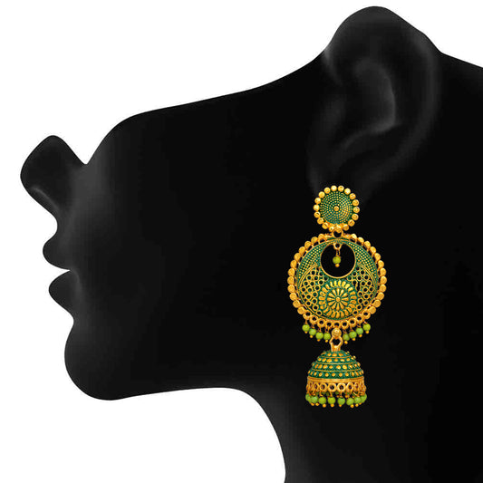 Green Meenakari Work Enamelled Dangle Jhumka Earrings