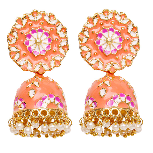 Classic Meenakari Enamelled Artificial Pearl Jhumka Earrings