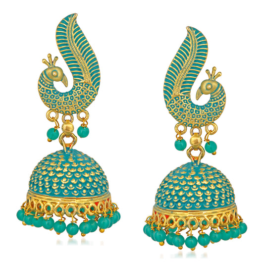 Gold Tone Blue Meenakari work Blooming Peacock Shaped Jhumki Earrings