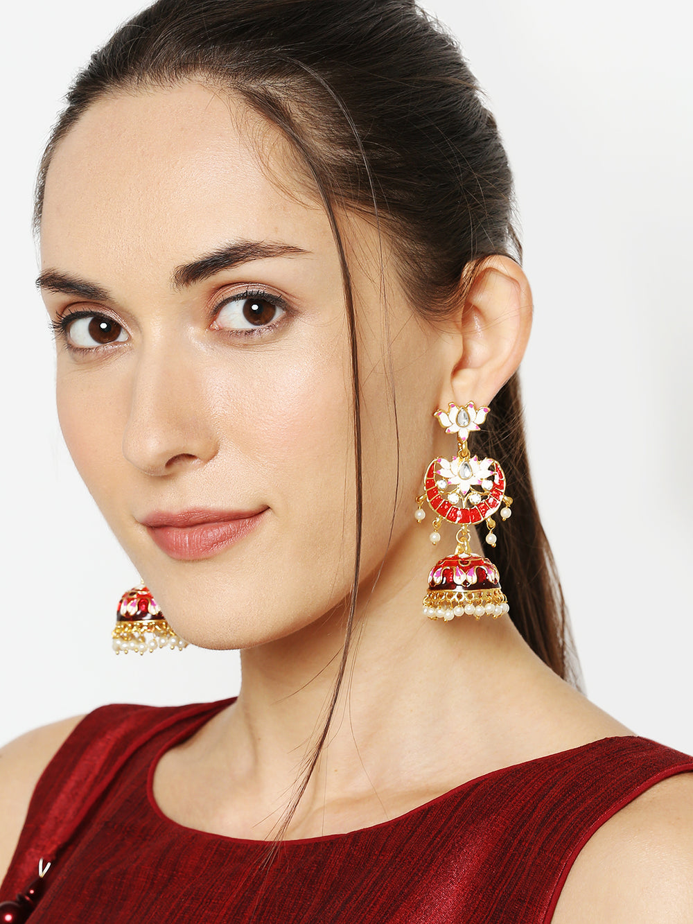 Meenakari Work Enamelled Lotus Shaped Dangle Jhumka Earrings