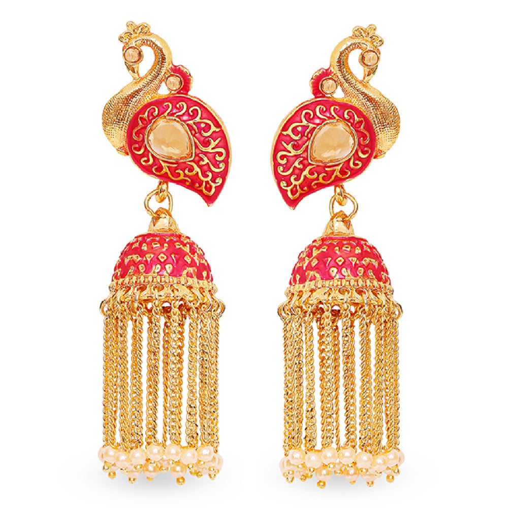 Meenakari work Peacock Shaped Tassel Chain Jhumki Earrings