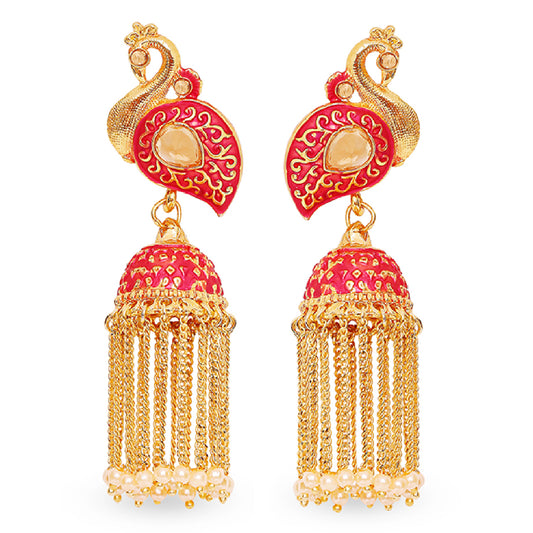 Meenakari work Peacock Shaped Tassel Chain Jhumki Earrings