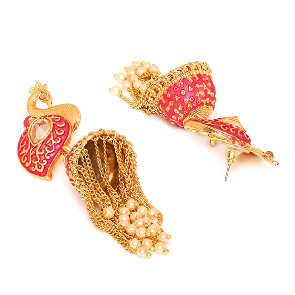 Meenakari work Peacock Shaped Tassel Chain Jhumki Earrings