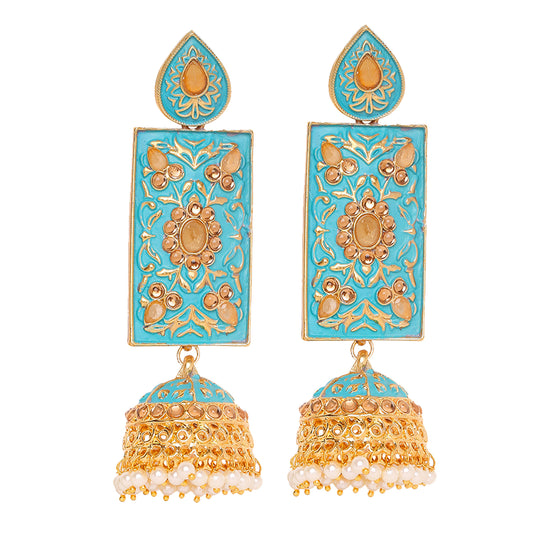 Meenakari Work Enamelled Rectangular Dangle Jhumka Earrings