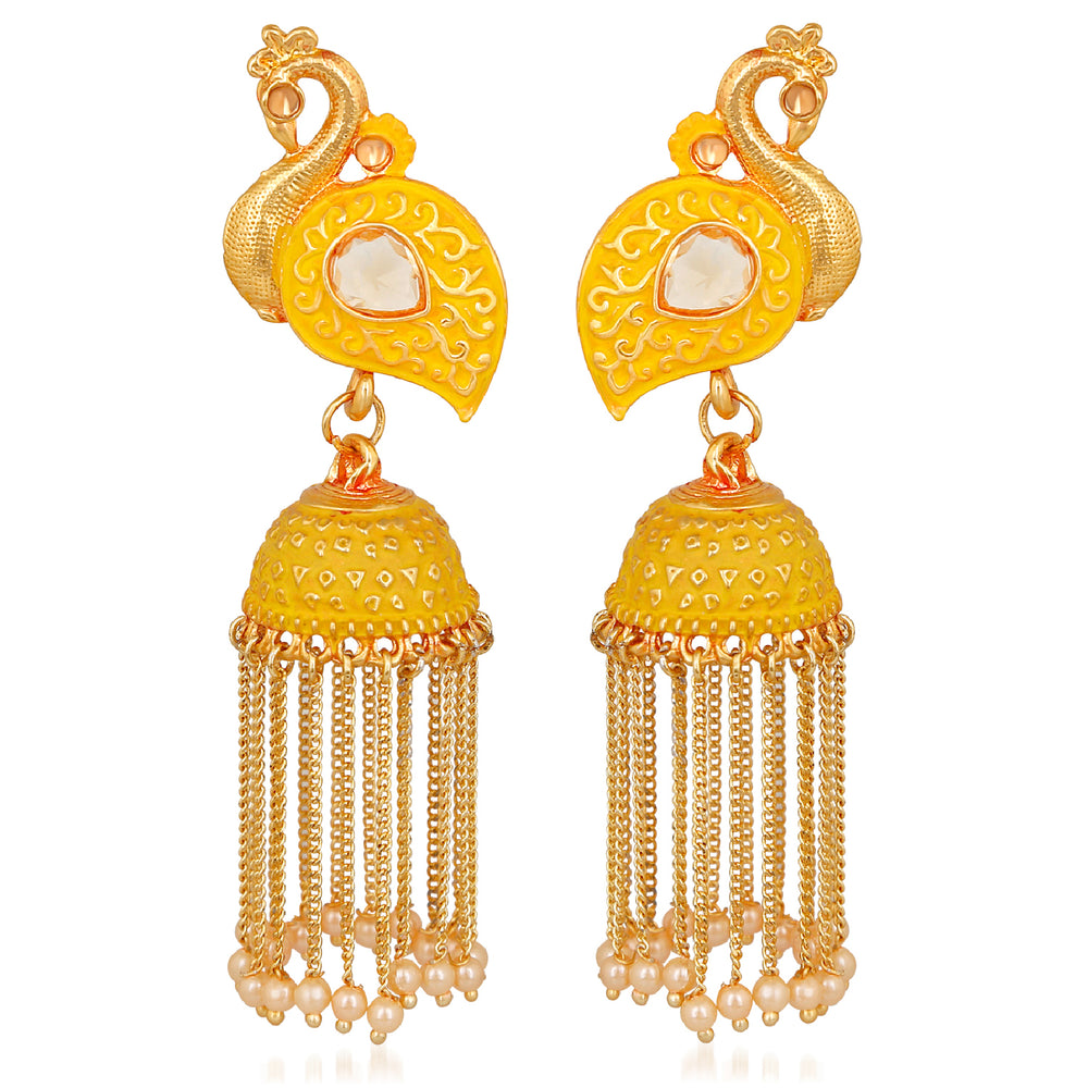 Meenakari work Peacock Shaped Tassel Chain Jhumki Earrings