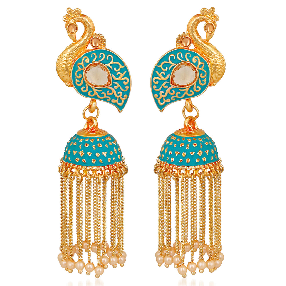Meenakari work Peacock Shaped Tassel Chain Jhumki Earrings