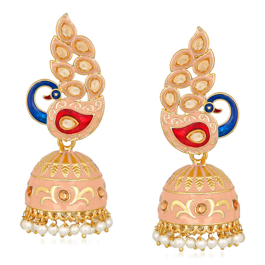 Traditional Ethnic Pink Meena Peacock Dangle Jumka Earrings