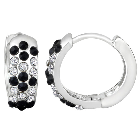 Glamorous Black and White Crystals Hoop Bali Earrings
