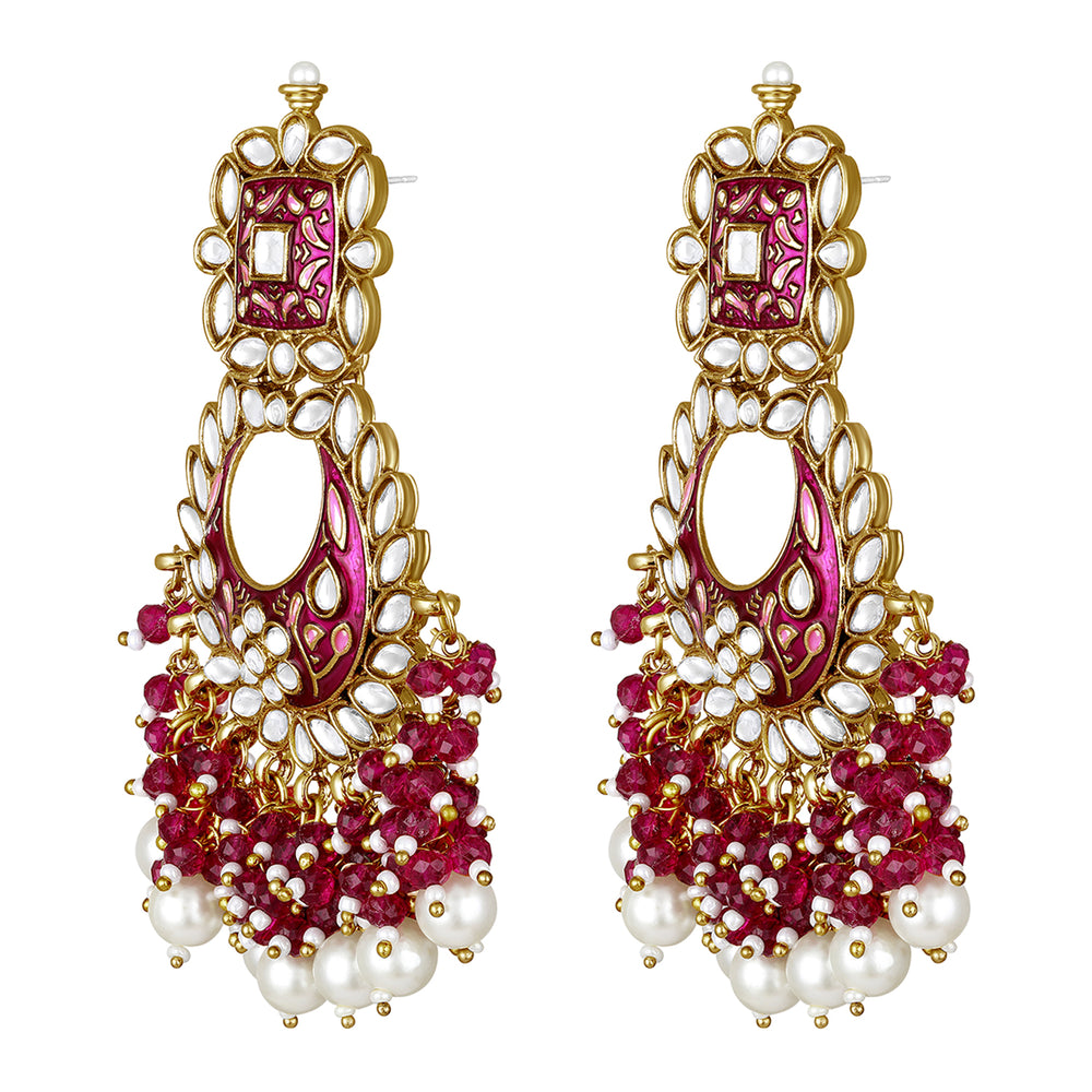 Maroon Meenakari Work Floral Chandbali Traditional Dangler Earrings with Crystals and Beads