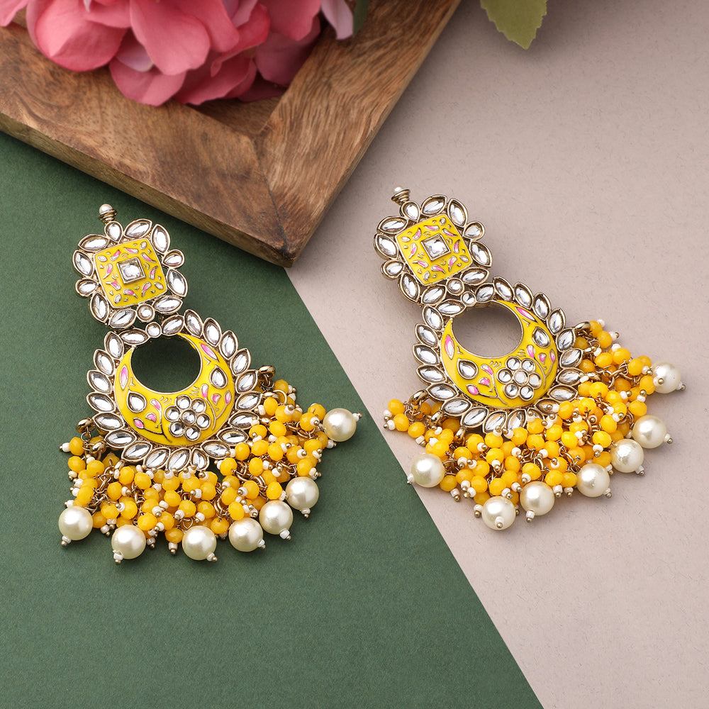 Maroon Meenakari Work Floral Chandbali Traditional Dangler Earrings with Crystals and Beads