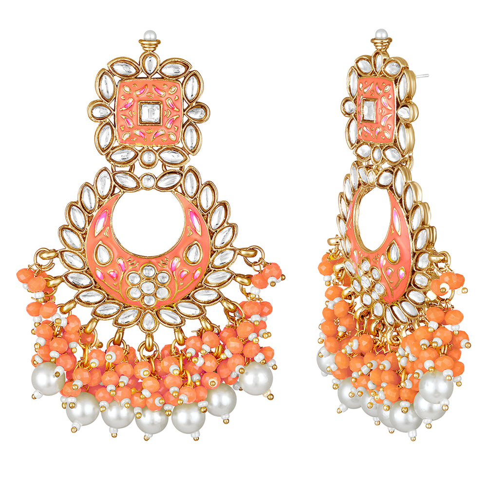 Maroon Meenakari Work Floral Chandbali Traditional Dangler Earrings with Crystals and Beads