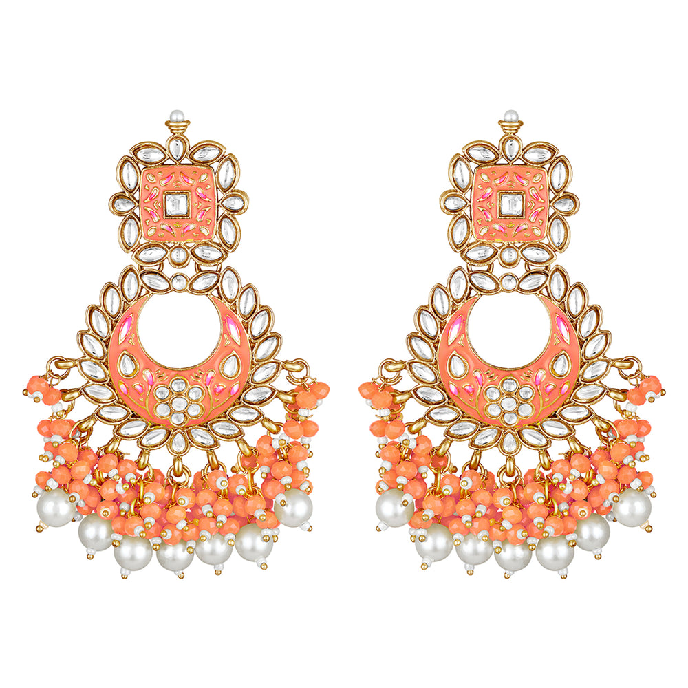 Maroon Meenakari Work Floral Chandbali Traditional Dangler Earrings with Crystals and Beads