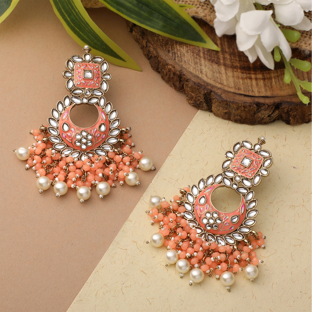 Maroon Meenakari Work Floral Chandbali Traditional Dangler Earrings with Crystals and Beads