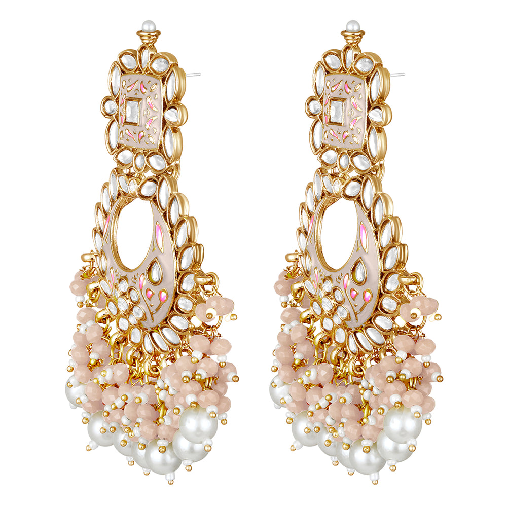 Maroon Meenakari Work Floral Chandbali Traditional Dangler Earrings with Crystals and Beads