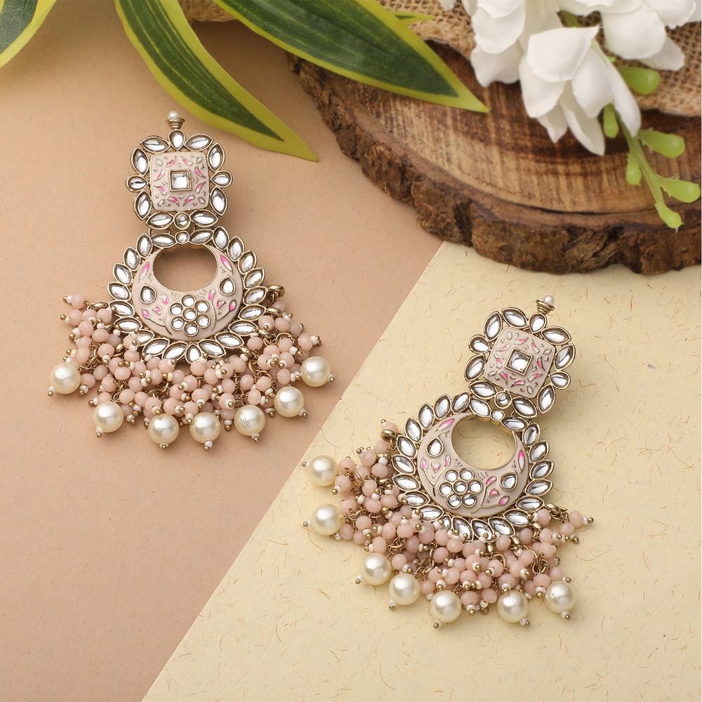 Maroon Meenakari Work Floral Chandbali Traditional Dangler Earrings with Crystals and Beads
