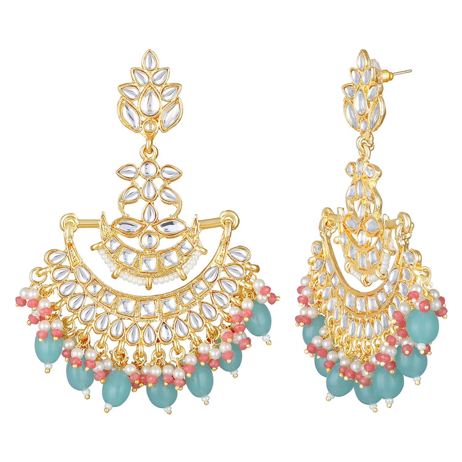 Floral Chandbali Traditional Dangler Earrings with Crystals and Multicolor Beads
