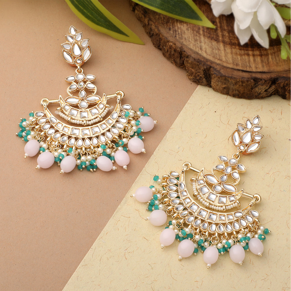 Floral Chandbali Traditional Dangler Earrings with Crystals and Multicolor Beads