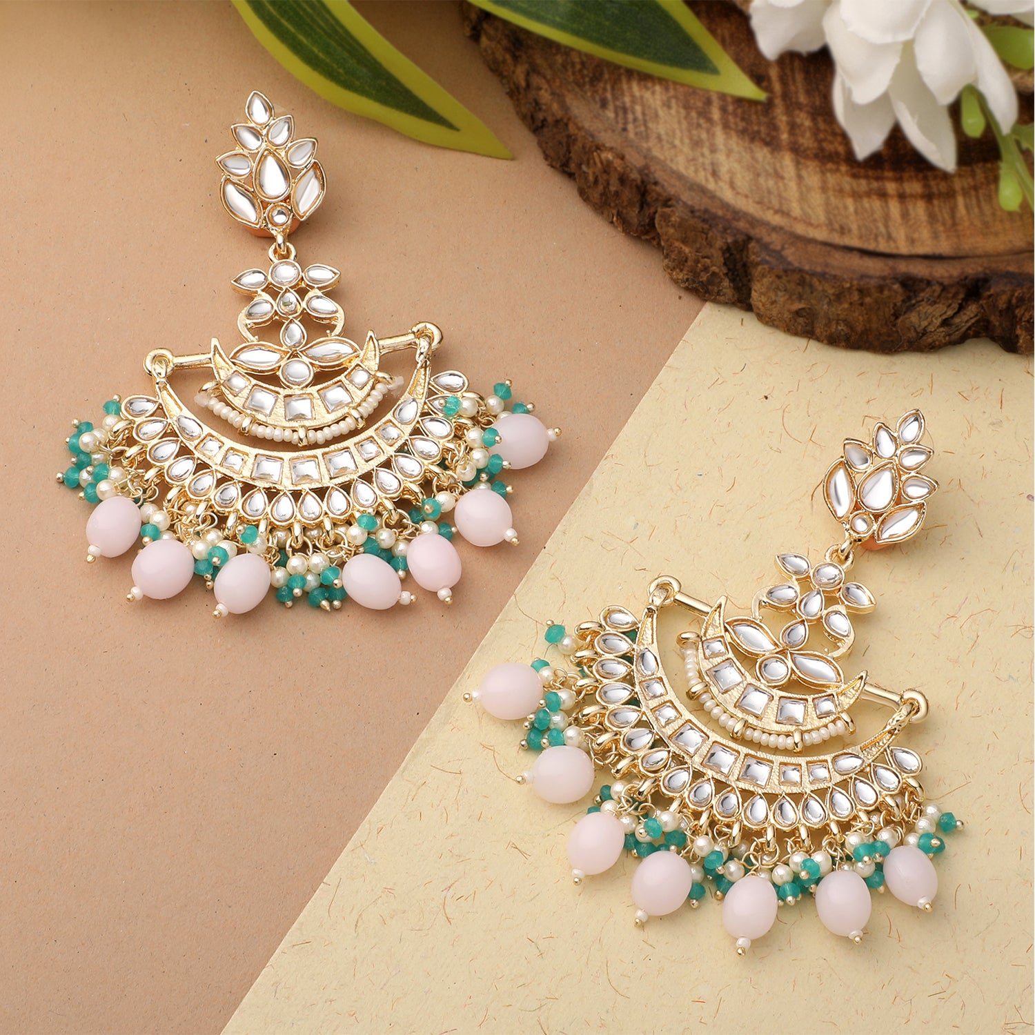 Floral Chandbali Traditional Dangler Earrings with Crystals and Multicolor Beads