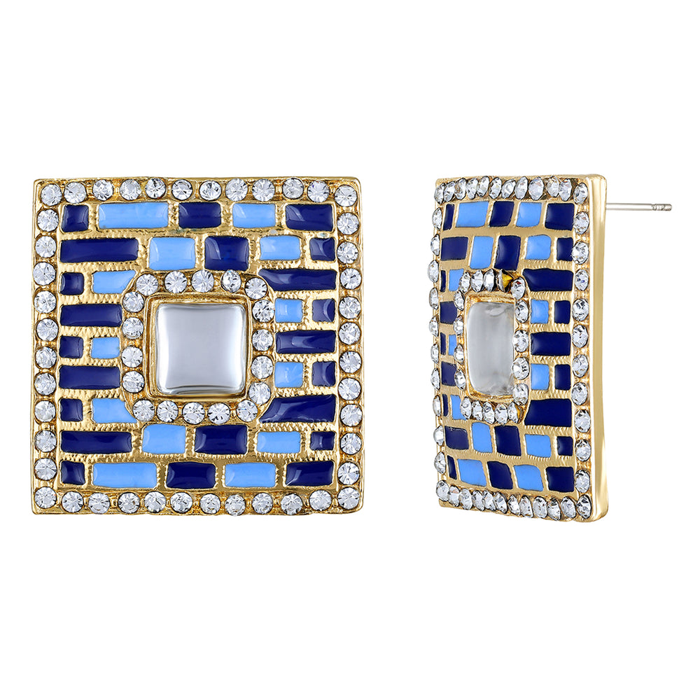 Blue Meenakari Enamel Squarish Dangler Earrings with Crystals