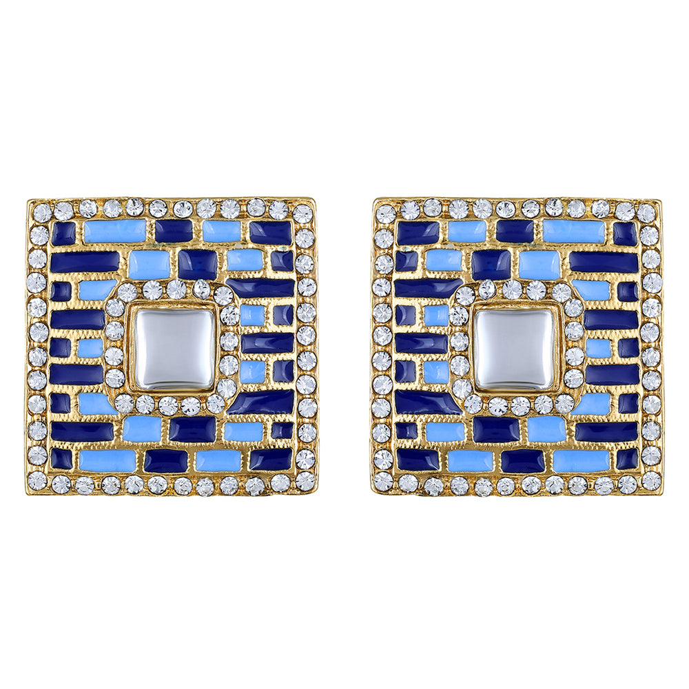 Blue Meenakari Enamel Squarish Dangler Earrings with Crystals