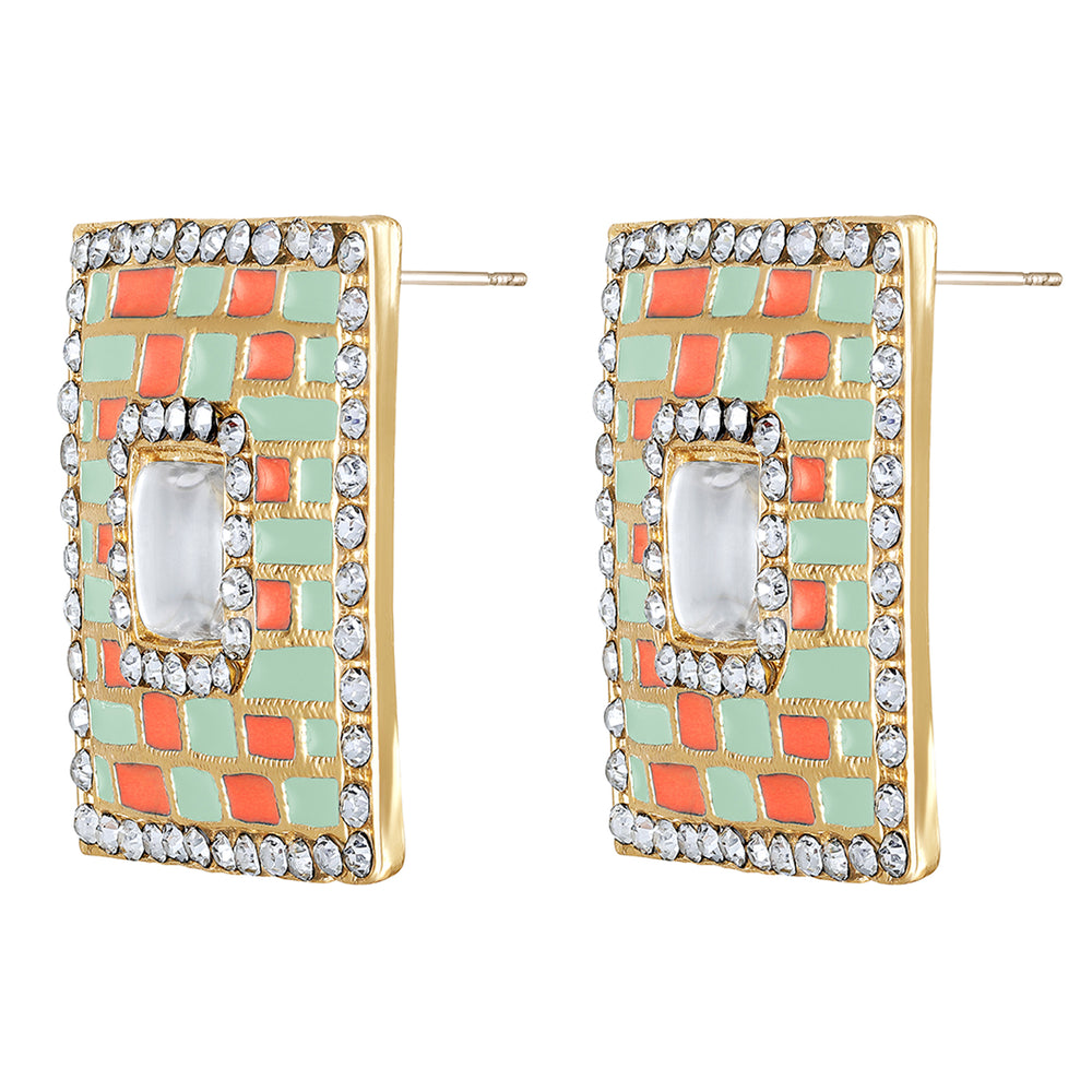 Blue Meenakari Enamel Squarish Dangler Earrings with Crystals