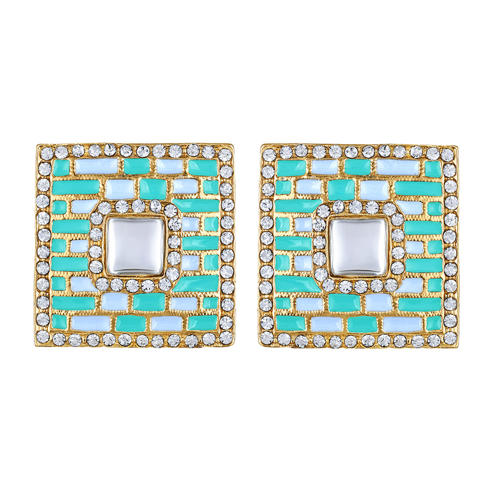 Blue Meenakari Enamel Squarish Dangler Earrings with Crystals